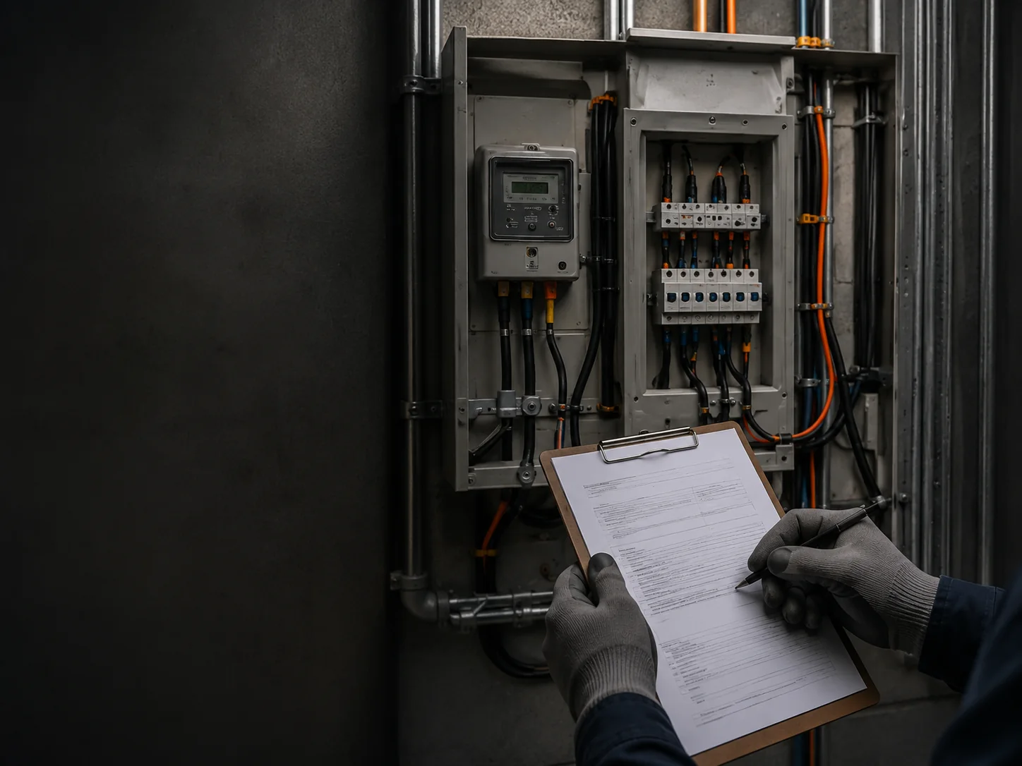 Engenheiro avaliando painel elétrico e documentação técnica