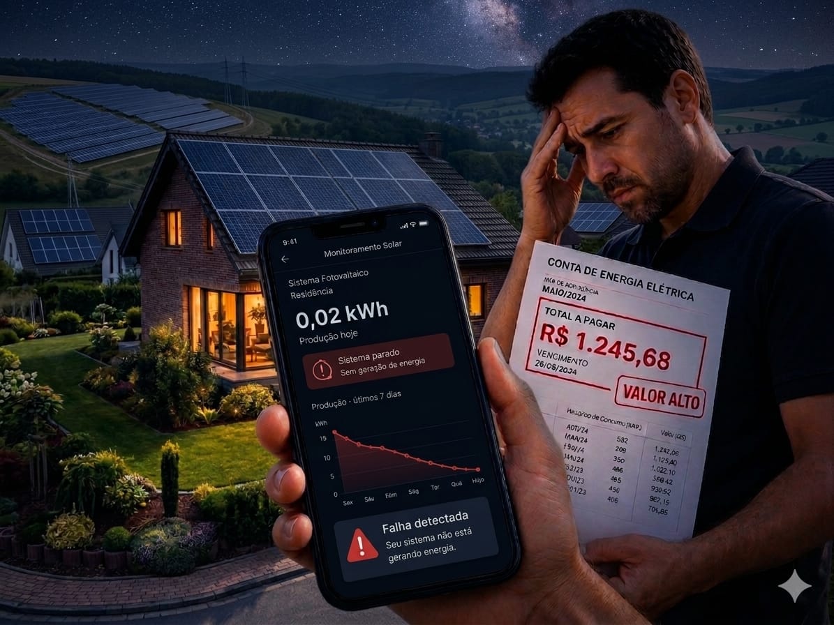 Sistema de energia solar com falha, baixa geração no aplicativo e conta de luz alta